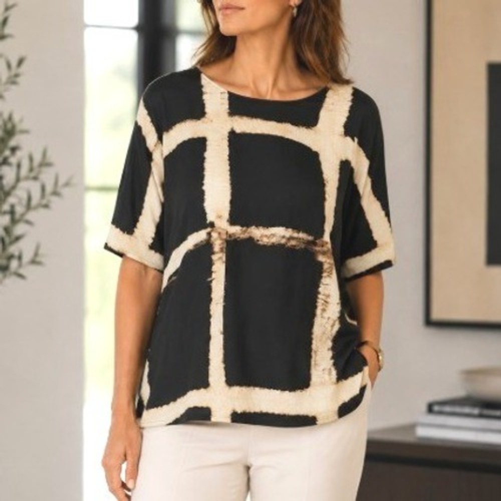 Esprit Black Cream Tie Dye Boat Neck 1/2 Sleeve Lagenlook Career Blouse 8